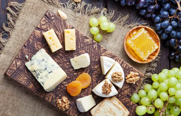 Cheese, honey, grapes, nuts, crackers, Dor blue, Camembert
