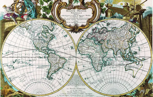 Picture map, antiquity, hemisphere, 1744, mappe monde