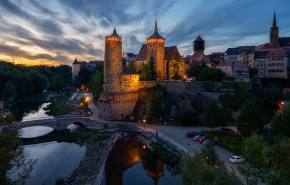 Picture clouds, bridge, the city, lights, reflection, river, castle, tower