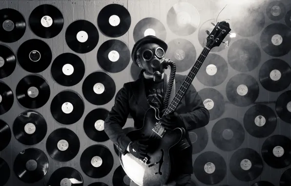 Picture music, people, guitar, gas mask