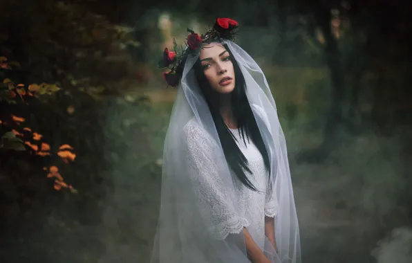 Girl, nature, wreath, veil
