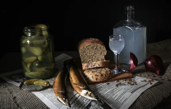 Fish, bow, bread, newspaper, Bank, vodka, glass, cucumbers