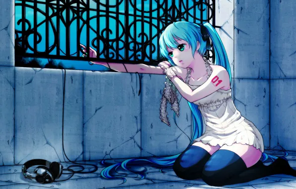 Picture wall, sadness, the evening, stockings, headphones, grille, window, vocaloid