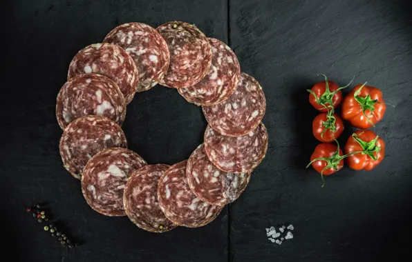 Pepper, tomato, sausage, salt, salami