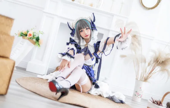 Flowers, Asian, gesture, cosplay, cute girl, sitting on the mat, fancy dress, dear devshuka