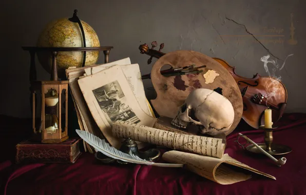 Picture pen, violin, watch, skull, candle, tube, palette, still life