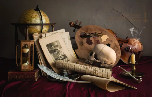 Pen, violin, watch, skull, candle, tube, palette, still life