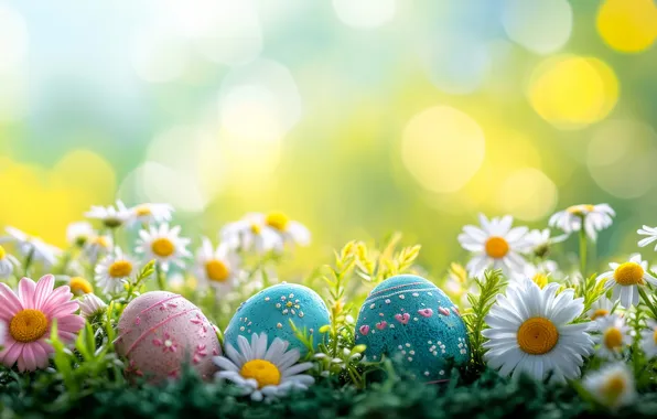 Greens, light, flowers, holiday, glade, chamomile, eggs, spring