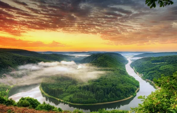 Forest, clouds, river, dawn, haze