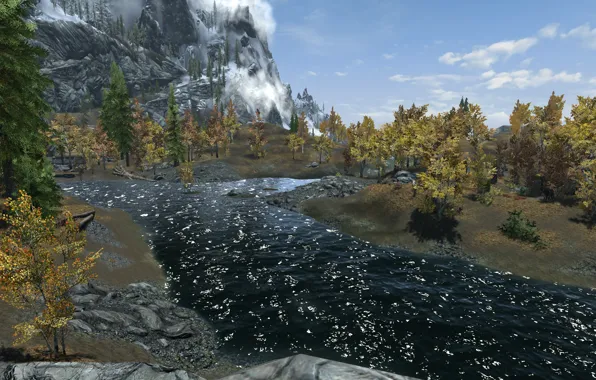Trees, mountains, river, river, trees, skyrim, Skyrim, mounatin