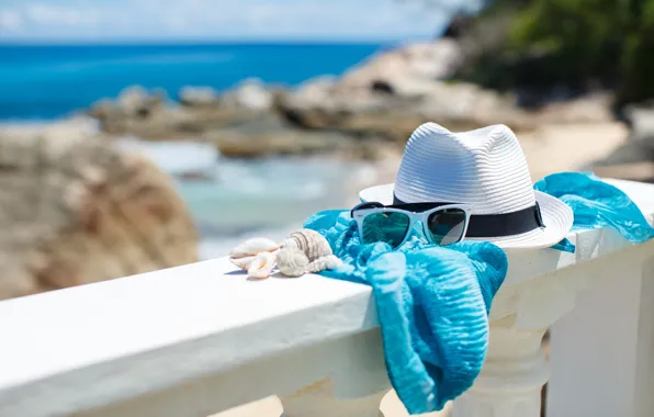 Picture summer, beach, sea, hat, sun, blue sky, glasses, vacation