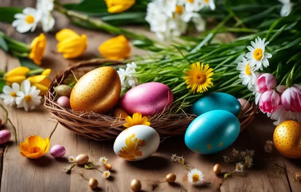 Picture flowers, eggs, spring, colorful, Easter, happy, flowers, spring