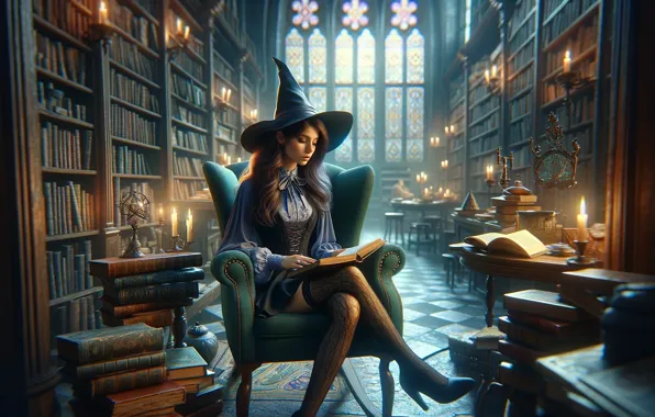 Picture long hair, digital art, wizard, witch, sitting, library, legs crossed, closed mouth