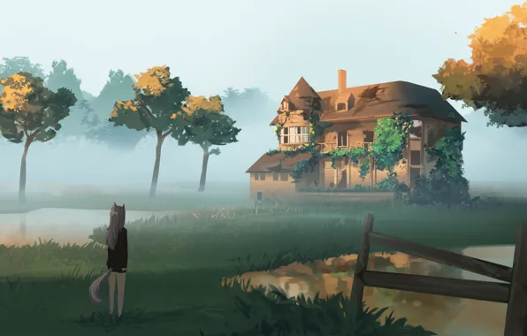 Landscape, fog, house, girl, painting