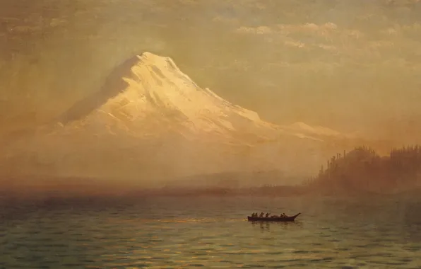 Landscape, lake, boat, picture, Albert Bierstadt, Sunrise on Mount Tacoma