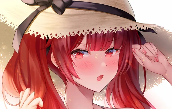 Girl, red hair, long hair, hat, anime, beautiful, red eyes, pretty