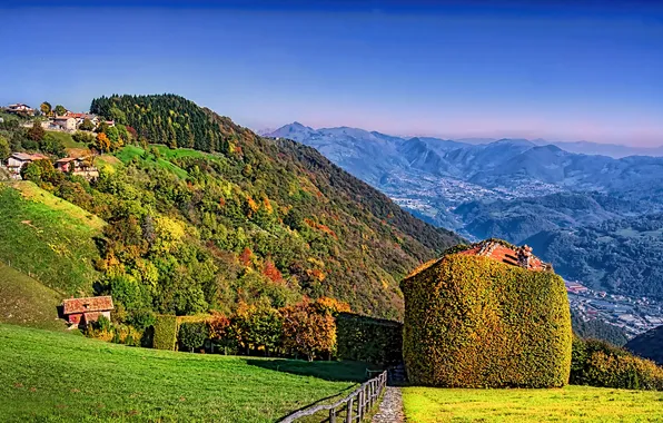 Picture trees, mountains, home, slope, Italy, Sunny, Lombardy, Aviatico