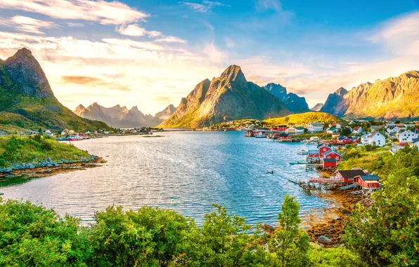 Greens, mountains, lake, stones, shore, beauty, boats, Norway
