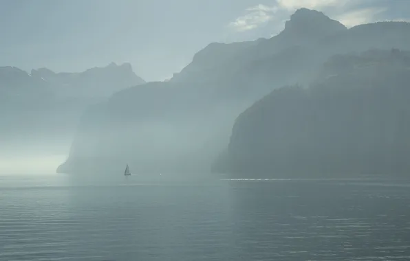 Fog, sailboat, morning, Switzerland, Build, lake Lucerne, the Canton of URI