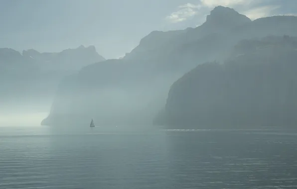 Picture fog, sailboat, morning, Switzerland, Build, lake Lucerne, the Canton of URI