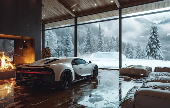 Picture Bugatti, Cars, Winter, Fireplace, Cozy, Bugatti Chiron, Hyper Car, Aesthetic interior