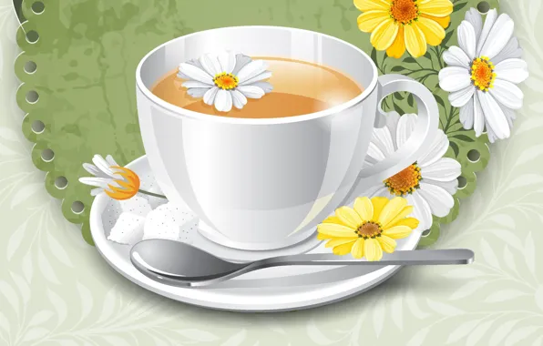 Flowers, background, tea, chamomile, Cup, saucer