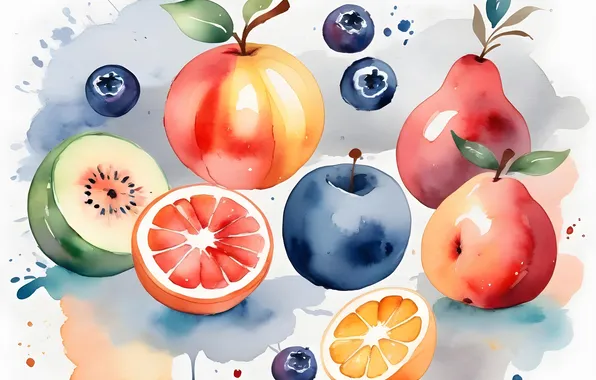 Berries, apples, oranges, texture, blueberries, fruit, plum, pear