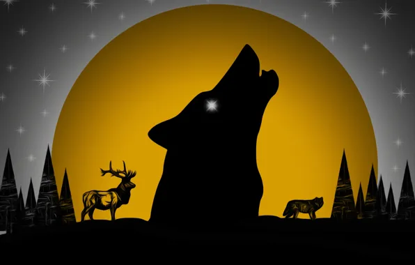 Forest, the moon, wolf, deer, picture