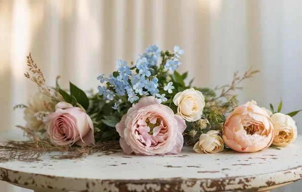 Leaves, table, roses, bouquet, blue, pink, still life, curtains