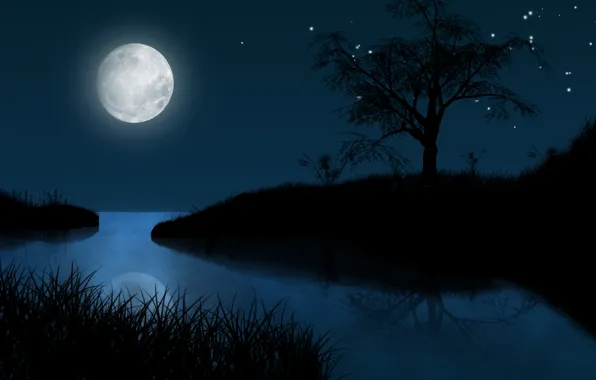 Stars, landscape, night, the moon, figure