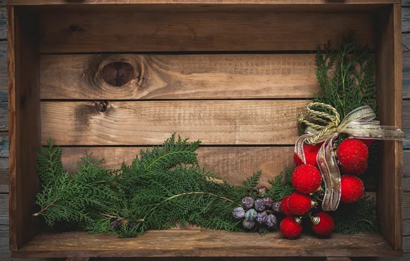 Balls, branches, Board, fruit, Christmas, red, New year, box