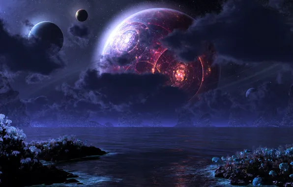 Sea, night, the moon, planet, digital, phraxis moon