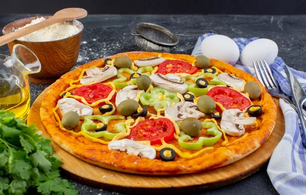 Vegetables, pizza, olives