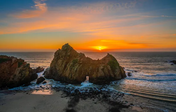 Rock, USA, Coast, sunsets, Big Sur, The Dawns