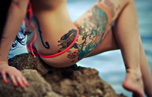 Sea, ass, ass, stones, hand, tattoo, tattoo, legs