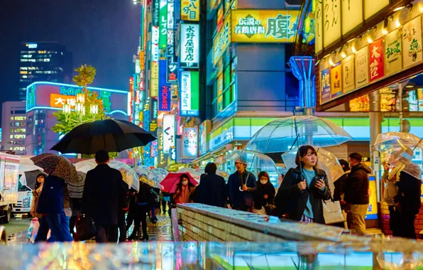 Picture flowers, night, lights, people, metro, street, neon, Japan