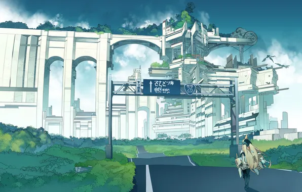 Road, the sky, cat, girl, clouds, trees, the city, anime