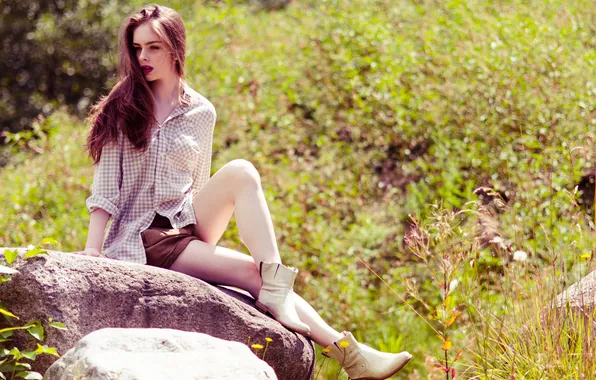 Greens, girl, stones, shirt, brown hair, boots