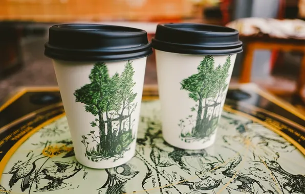 Trees, figure, coffee, glasses, drink, cups