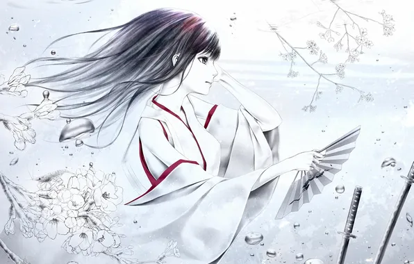 Girl, flowers, branches, figure, sword, katana, fan, profile