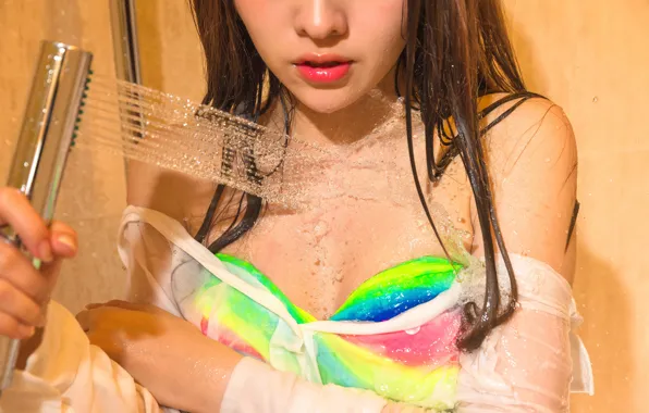 Water, girl, squirt, face, lips, shower, Asian
