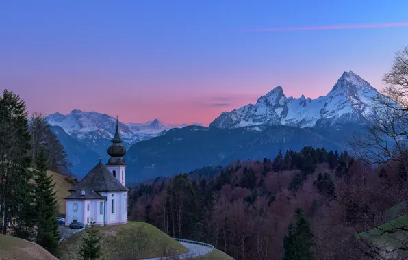Road, landscape, sunset, mountains, nature, Germany, Bayern, Alps