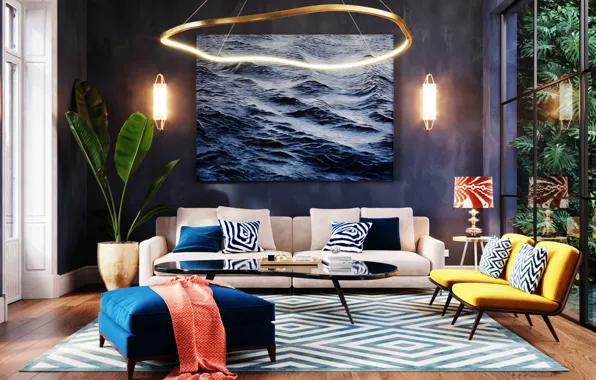 Picture retro, sofa, chair, table, living room
