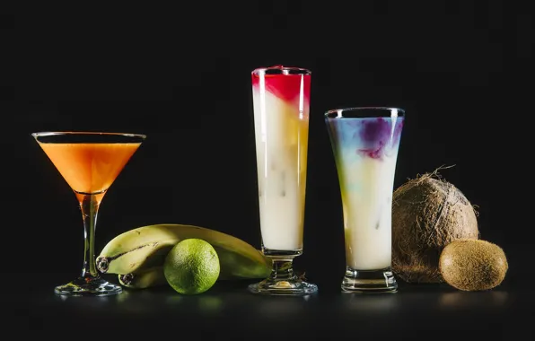 Coconut, bananas, cocktail, lime