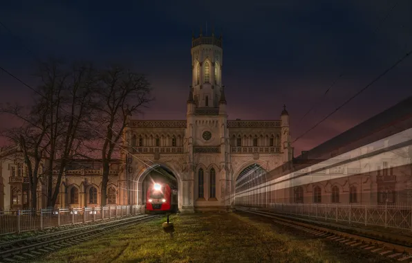 Night, the building, rails, station, train, station, Peter, Saint Petersburg