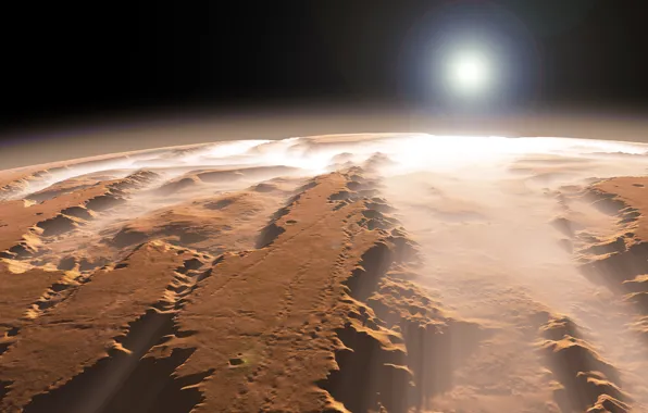 The sun, fog, planet, canyon, Mars