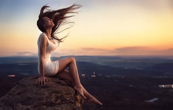 Picture the sun, landscape, sunset, sexy, pose, rocks, the wind, model