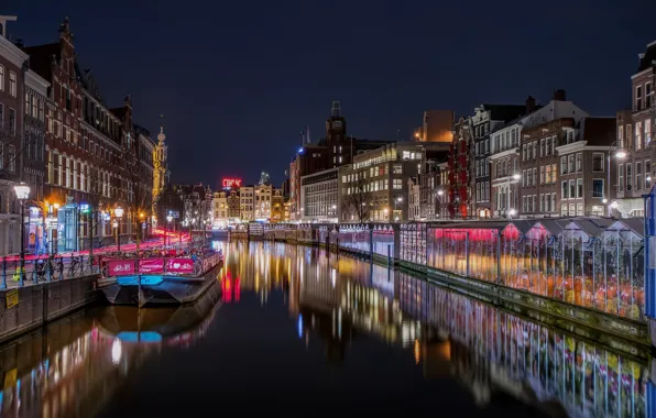 The sky, water, light, landscape, night, lights, darkness, reflection
