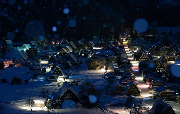 Winter, snow, night, Japan, town, Shirakawa