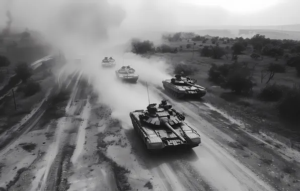 Picture Road, Dust, Tanks, Digital art, Black and white, AI art, The Art of Artificial Intelligence, …
